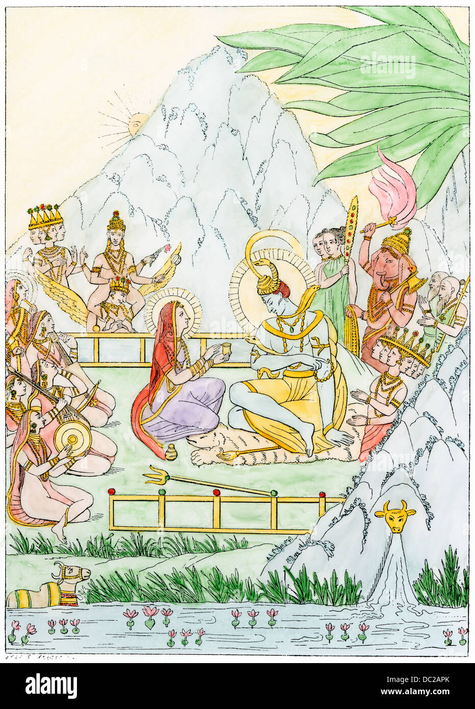 Paying homage to Siva, god of regeneration in the Hindu sacred triad. Hand-colored woodcut Stock Photo