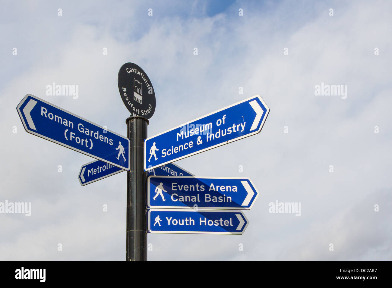 Directional wayfinding sign in Castlefield, Manchester. Stock Photo