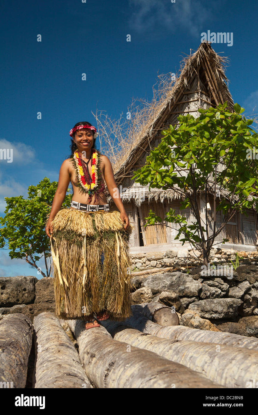 Woman in traditional dress at site of men's house in Yap, Micronesia. (MR) Stock Photo