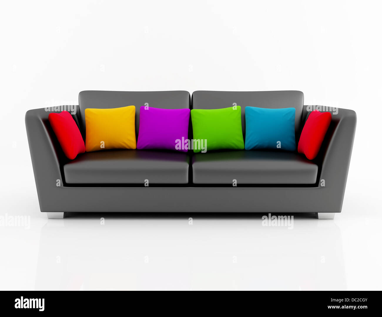 black leather couch with colored cushion rendering Stock Photo Alamy