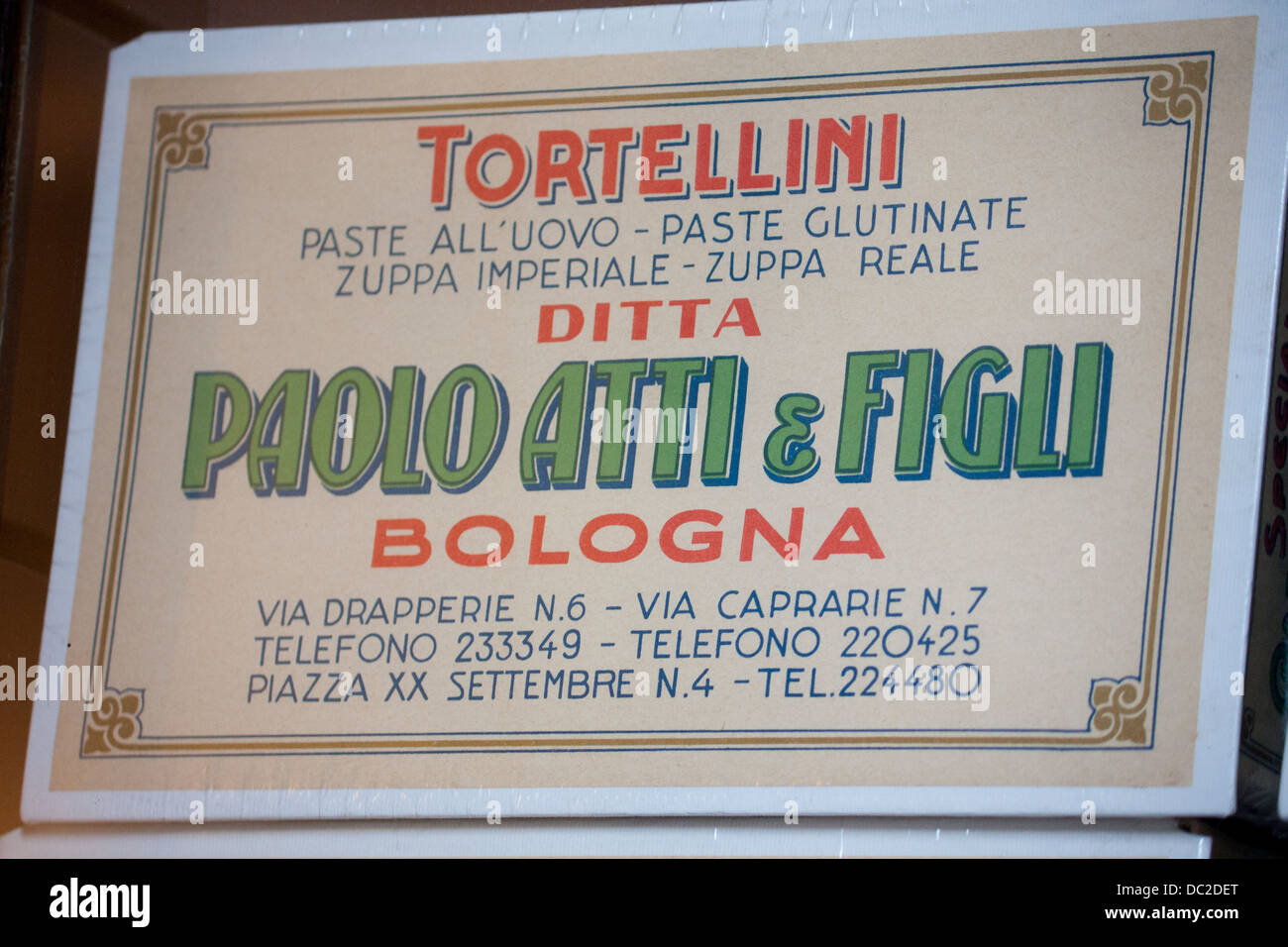 Tortellini pasta presentation box Paolo Atti e Figli ( & Sons) family pasta making firm Bologna Emilia Romagna Italy Stock Photo