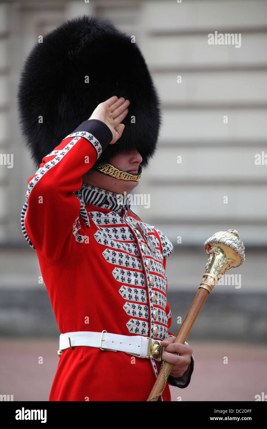 Soldier in traditional uniform during the change of the guards at Buckingham Palace, London, UK Stock Photo
