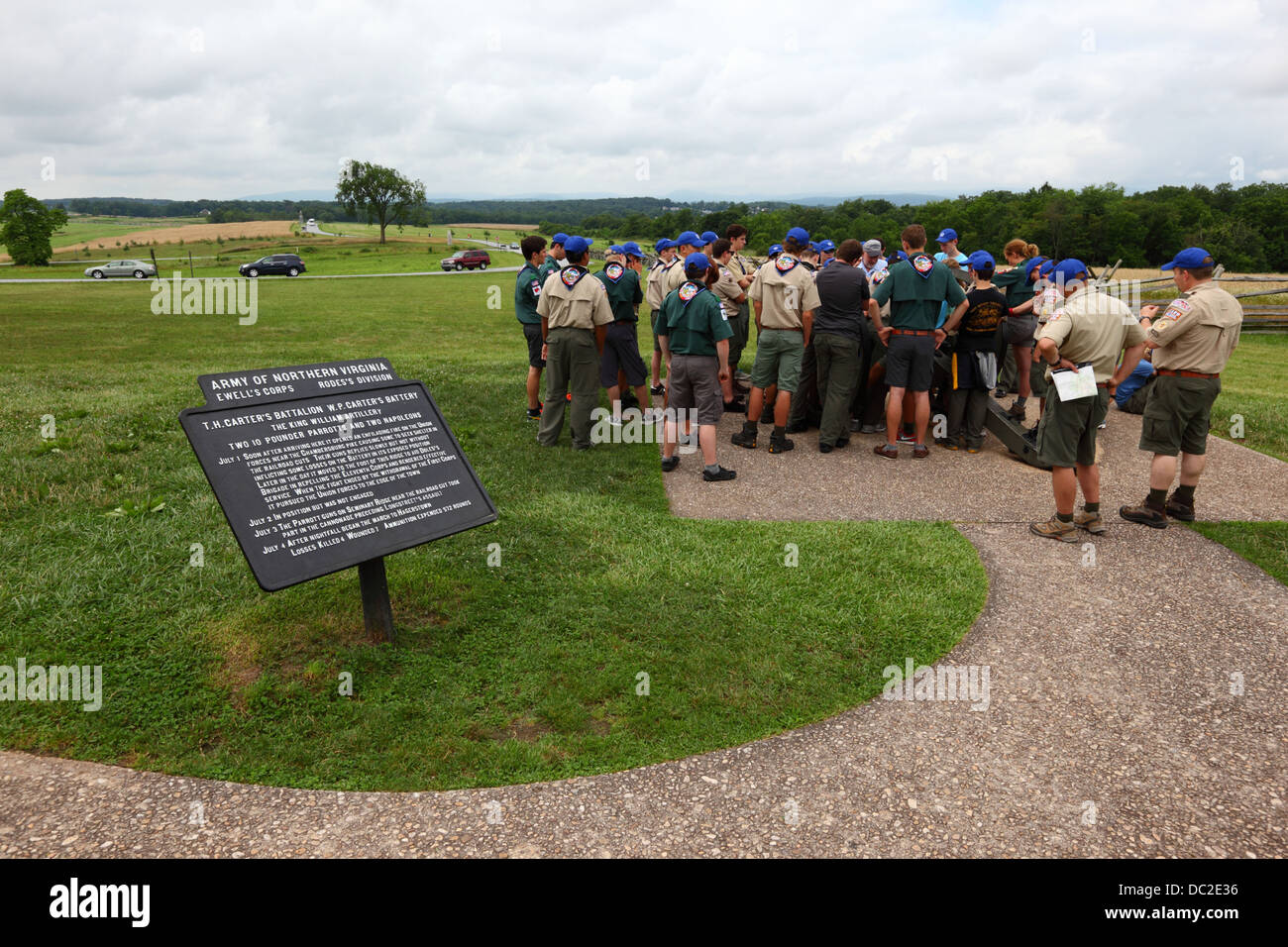 Boy scouts visiting battlefield near Eternal Light Peace Monument