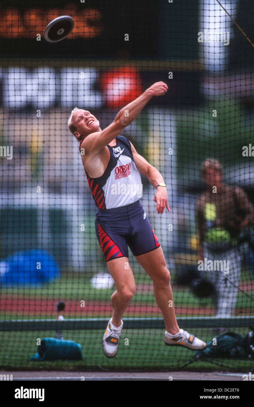 Male discus thrower in action Stock Photo Alamy