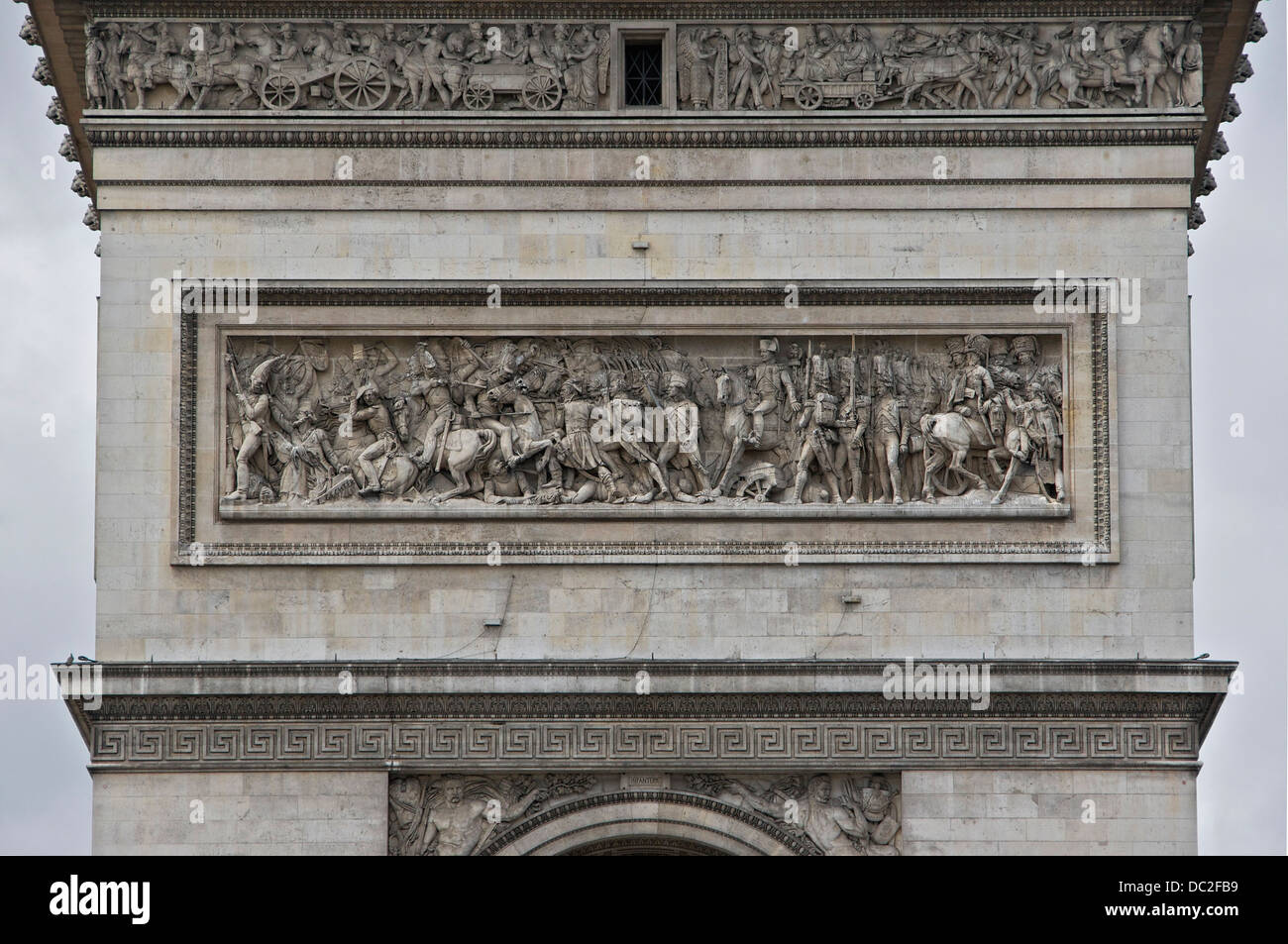 Details of the northern façade of the Arc-de-Triomphe de l'Etoile in Paris, France. In the middle, the 'Battle of Austerlitz', b Stock Photo