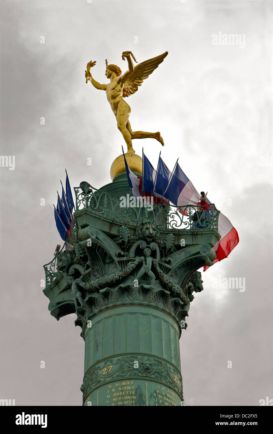 The Genius of Liberty, topping the july column with flags, 14th july 2012, Bastille square, Paris, France. Stock Photo