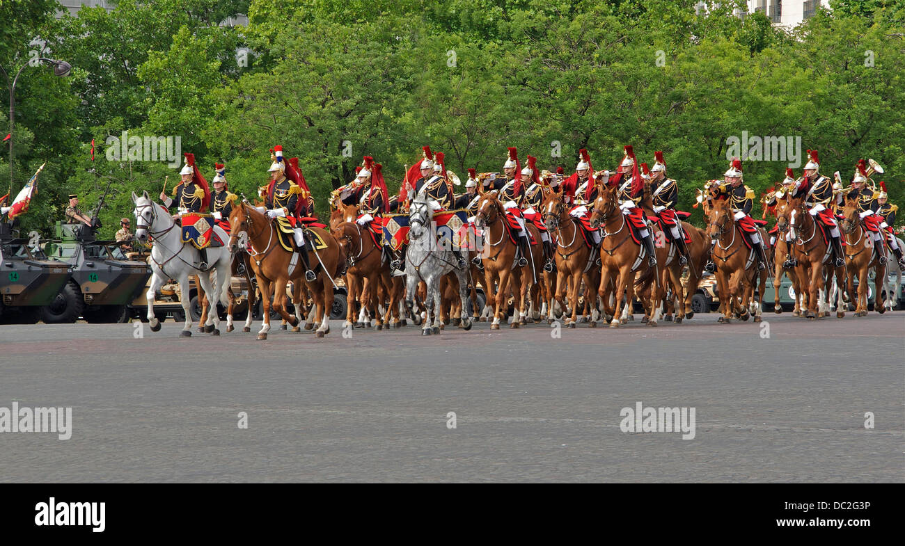 The whole fanfare, in grande tenue uniform (with white breeches), of the Cavalry Regiment of the Garde Républicaine, Bastille Da Stock Photo
