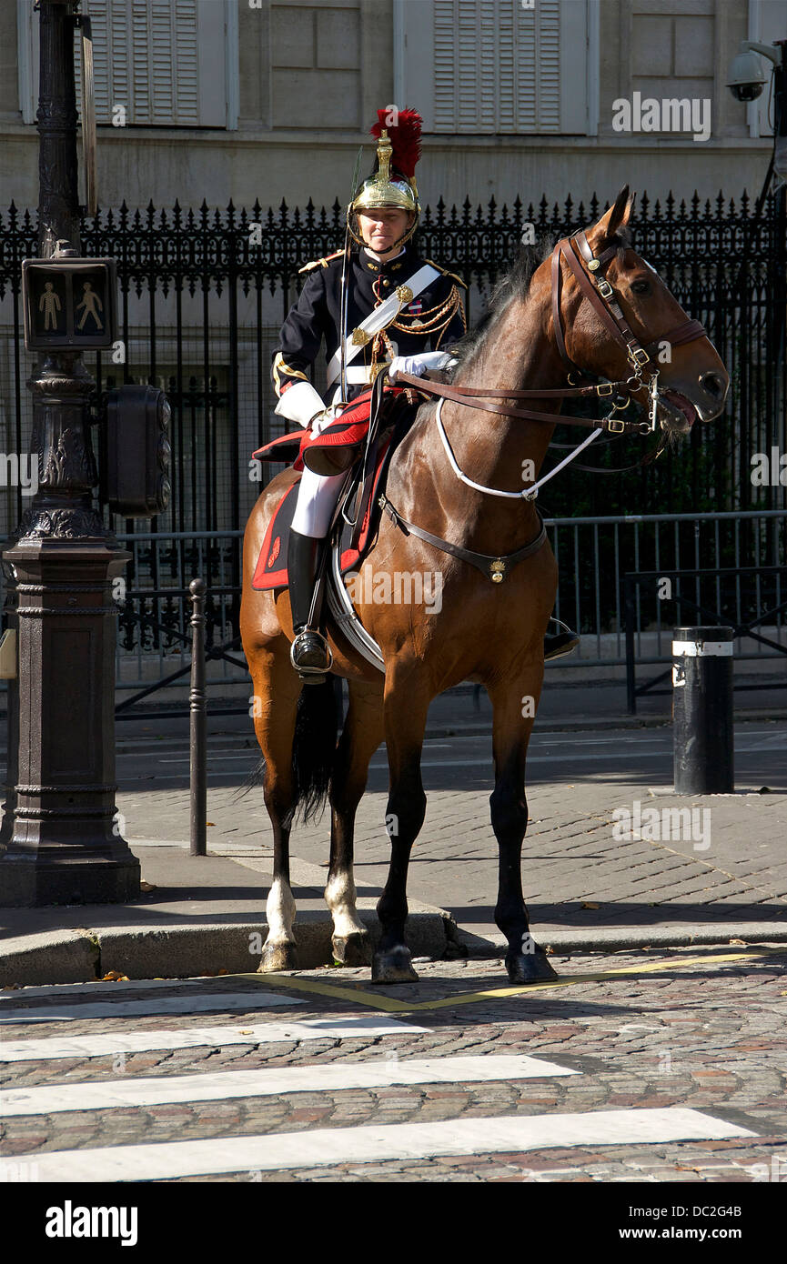 A horse(wo)man of the cavalry regiment of the Garde Républicaine, avenue de Friedland, July 14th, 2012, Paris, France. Stock Photo