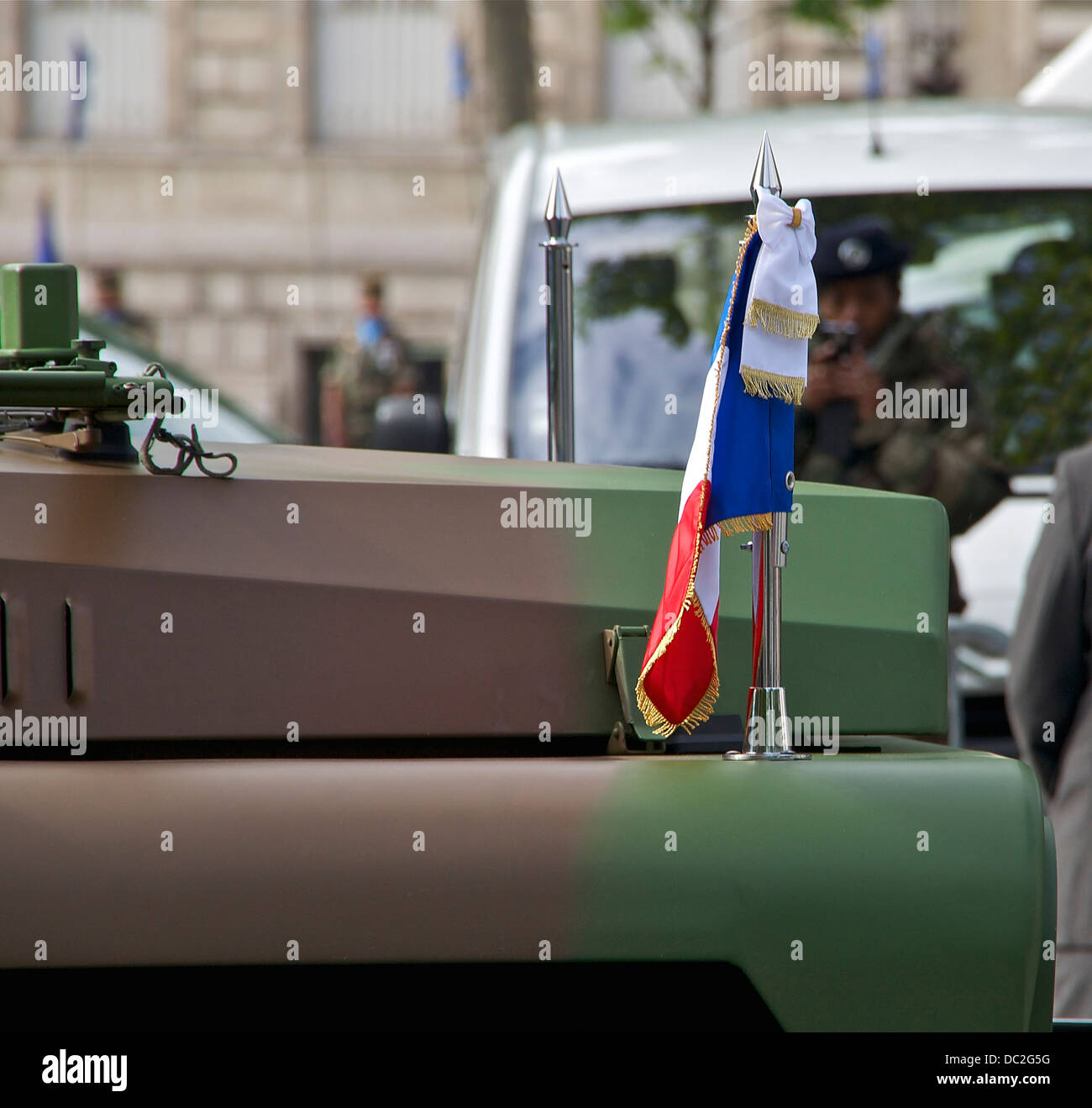 The presidential pennant, on the command car used by the President of the French Republic for the review of the troops before th Stock Photo