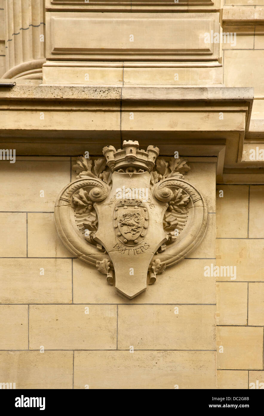 The CoA of the Academy of Poitiers, sculpted on a wall of the Sorbonne in Paris. Stock Photo