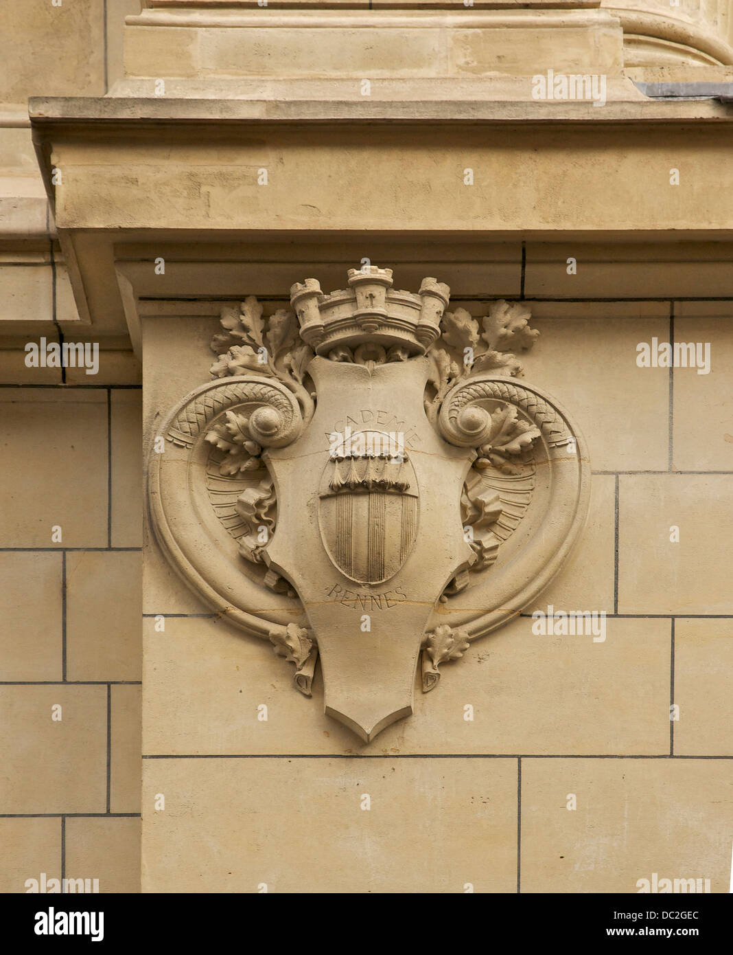 The CoA of Academy of Rennes, on a wall of the Sorbonne in Paris. Stock Photo