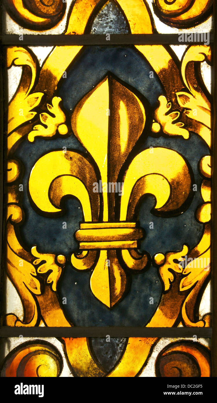 A Fleur-de-lis, detail of stained glass window at Royal Chapel of the Palace of Versailles. Stock Photo