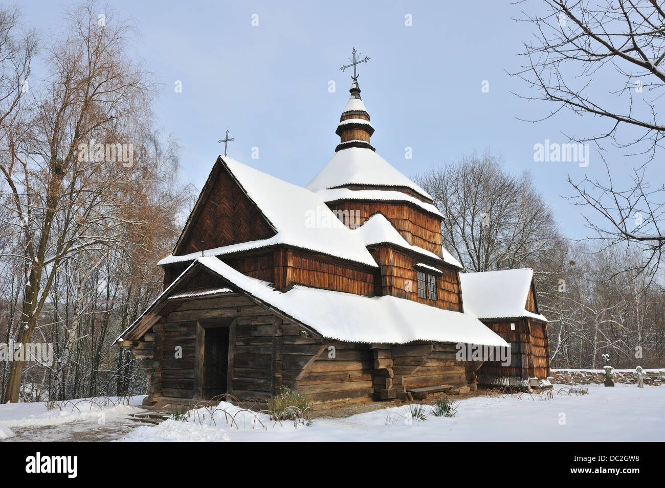 Traditional wooden church in the open air Museum of Folk Architecture and Life of Ukraine, Pyrohovo, Ukraine Stock Photo