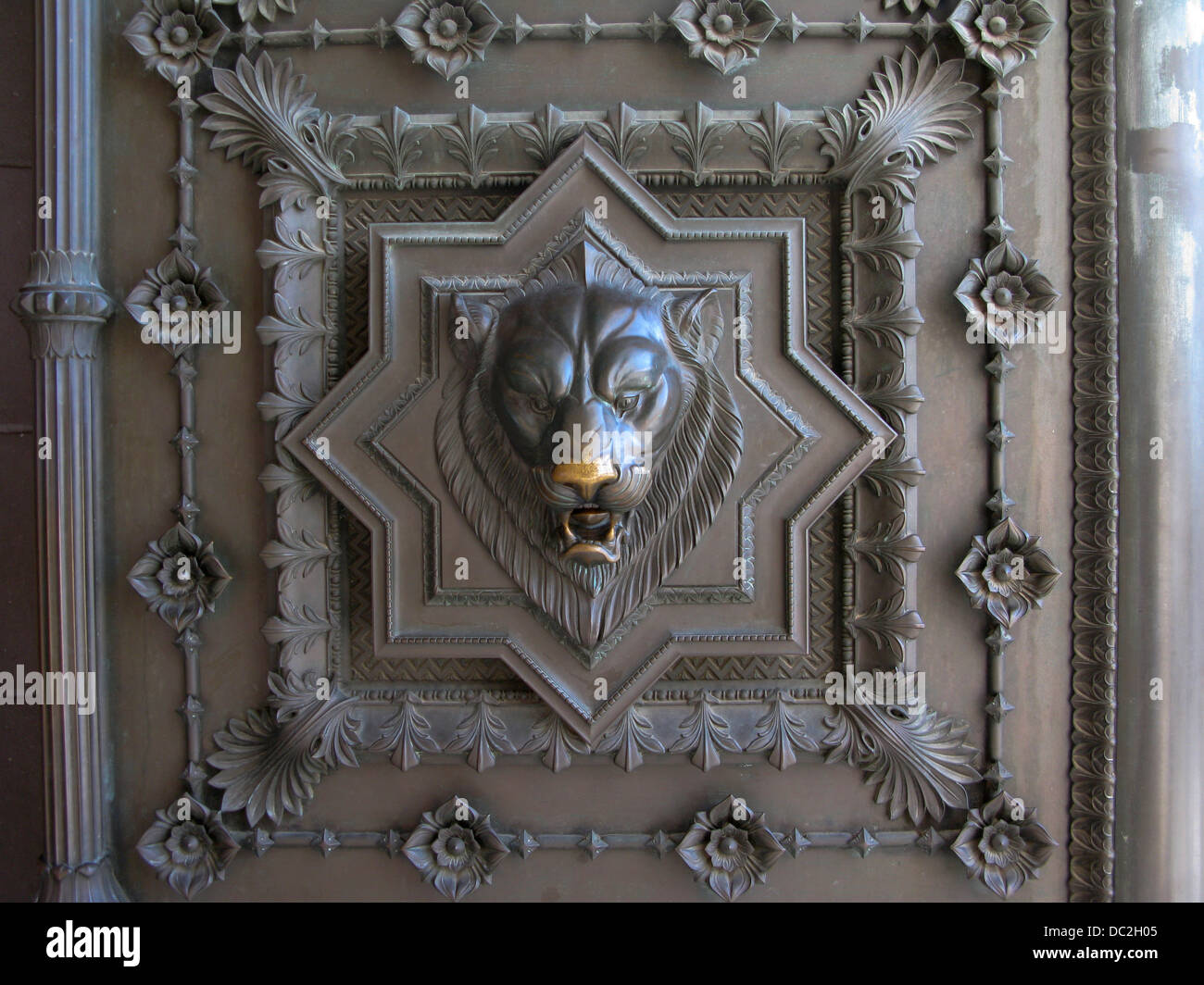 LION FACE DOOR BASILICA OF NOTRE DAME DE FOURVIERE OLD TOWN LYON RHONE ALPS FRANCE Stock Photo