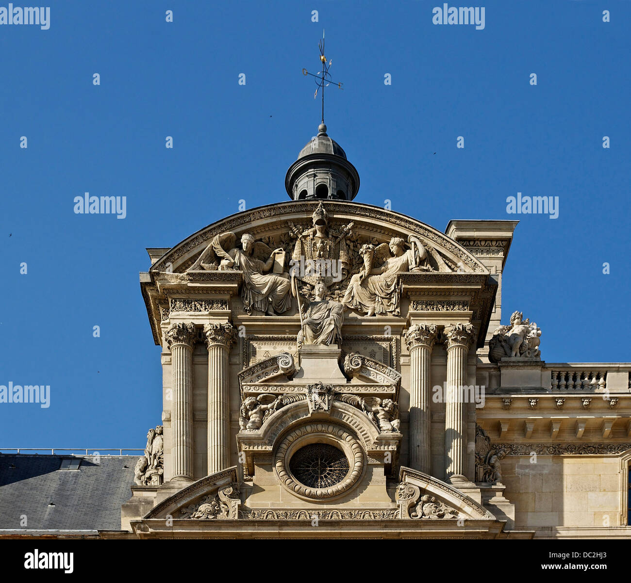 The top of the 'Pavillon de Rohan', with the pediment by Diebolt, 1854, Palace of the Louvre, Paris, France. Stock Photo