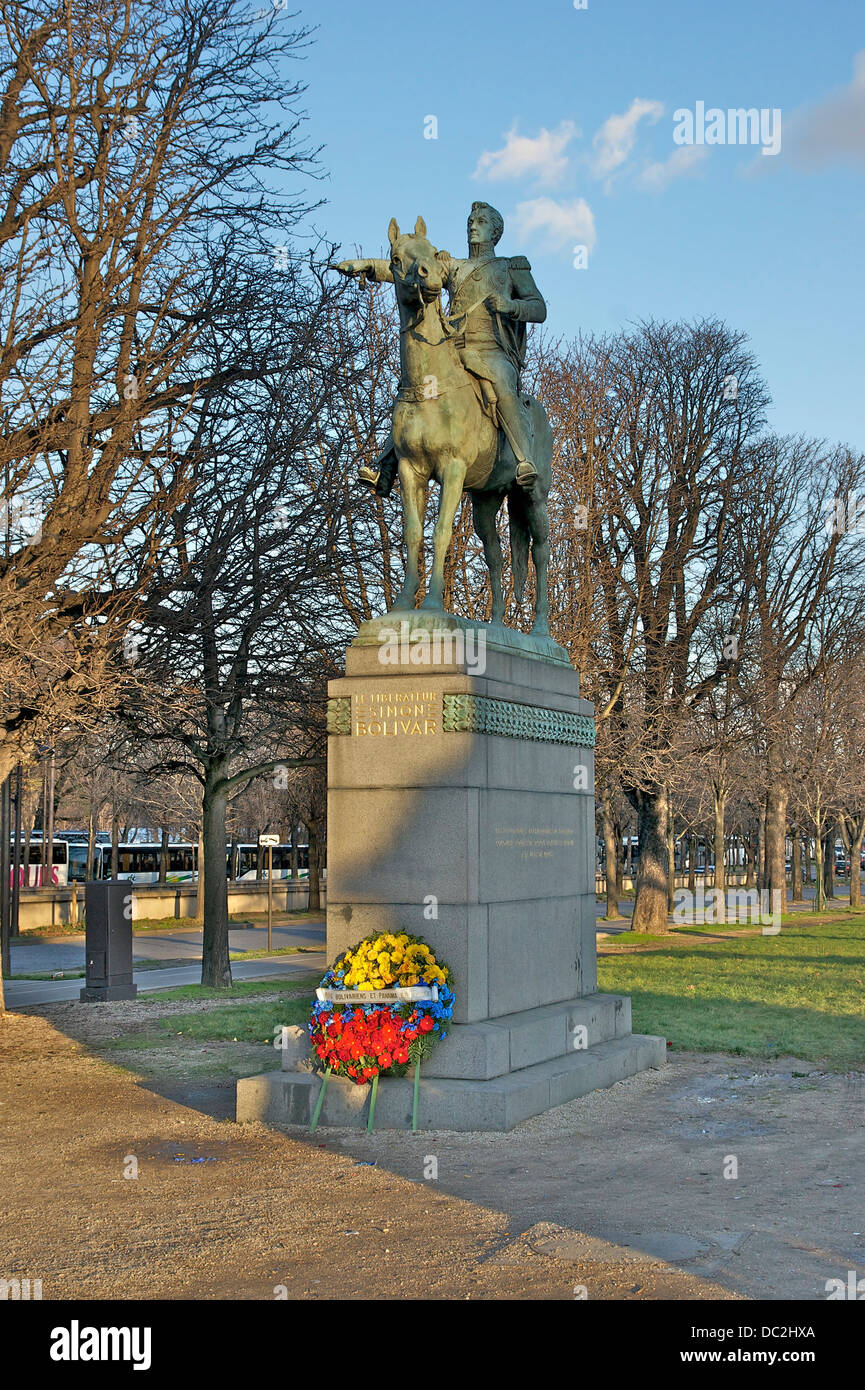 Equestrian statue of Simon Bolivar in Paris. Evening light. Stock Photo