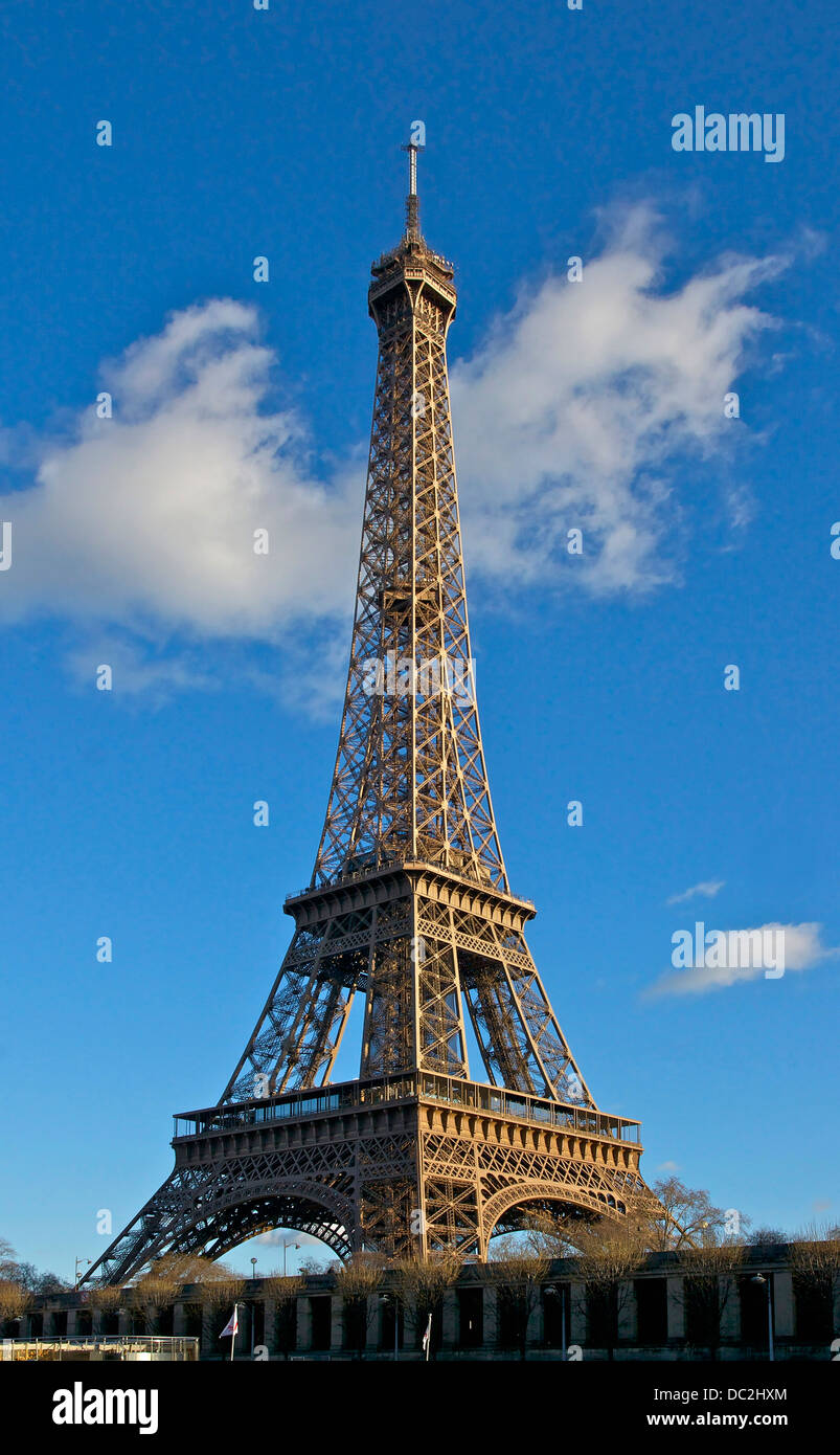 Eiffel Tower, as seen from a boat on the Seine River. Evening light. Paris, France. Stock Photo