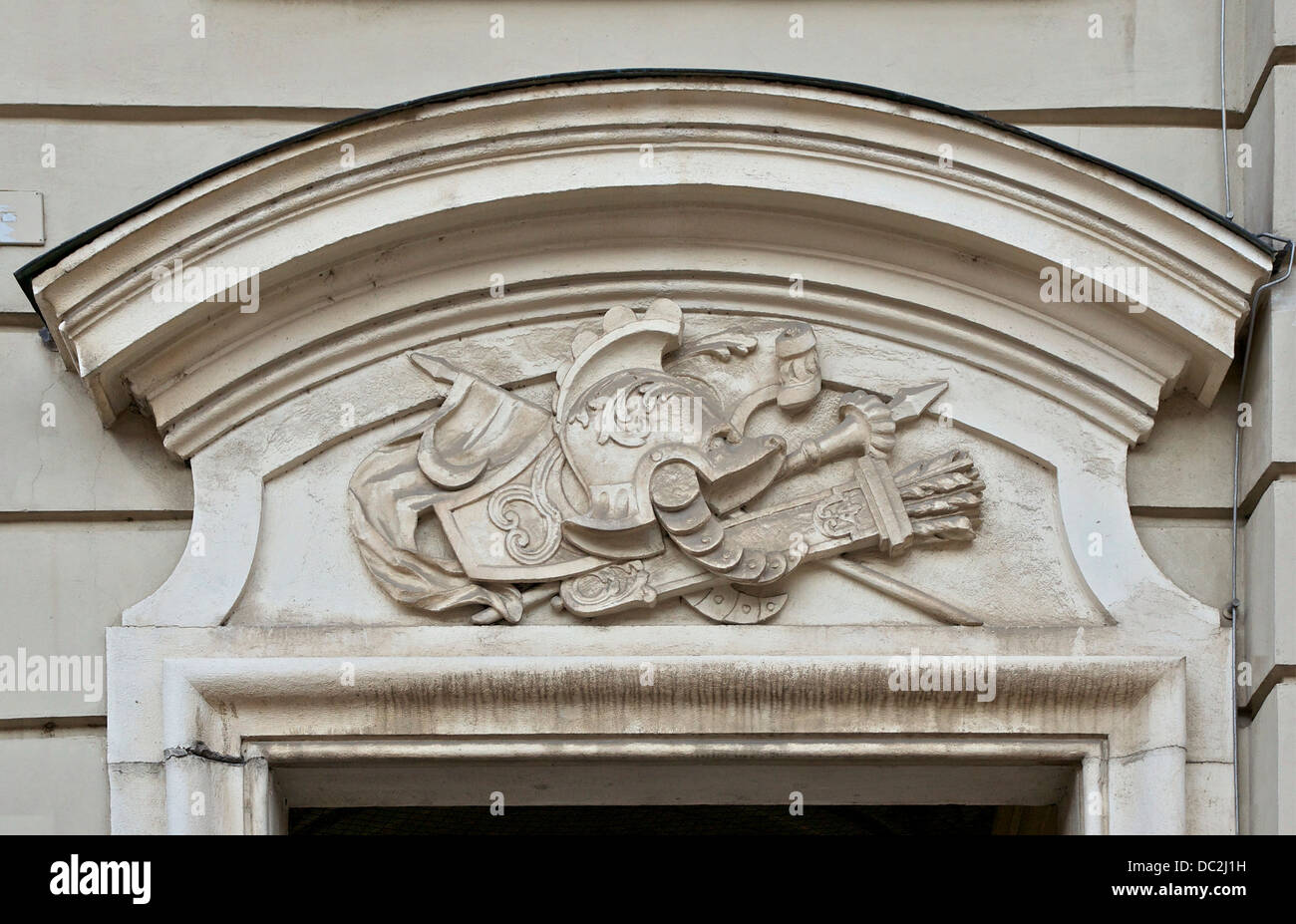 A martial pediment above a lintel of e door in the Hofburg Palace in Vienna, Austria Stock Photo