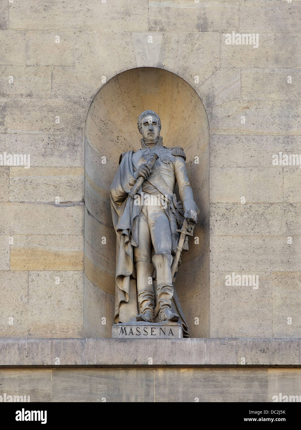 Statue of marshal André Masséna, duke of Rivoli, prince of Essling, by Celestin Anatole Calmels (1855). Louvre palace, Rue de Ri Stock Photo