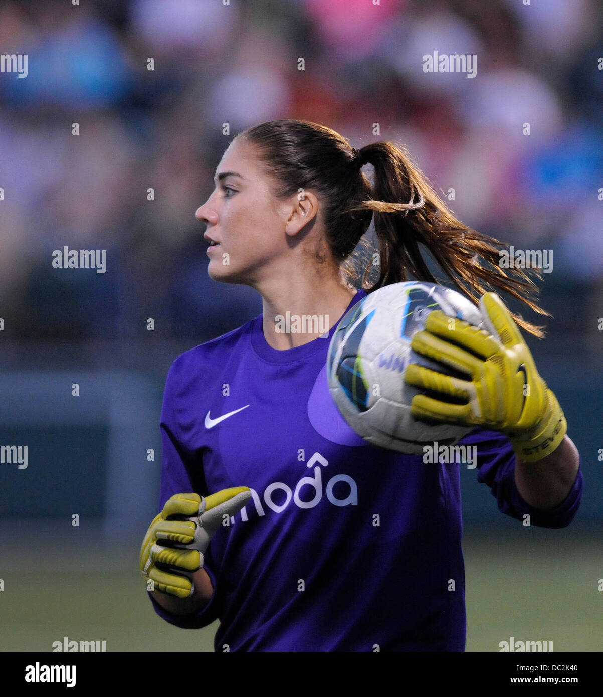 Rochester, NY, USA. 7th Aug, 2013. August 7, 2013: Seattle Reign FC goalkeeper Hope Solo #1 in action during the second half of play. The Western New York Flash defeated the Seattle Reign FC 1-0 at Sahlen's Stadium in Rochester, NY. Credit:  csm/Alamy Live News Stock Photo