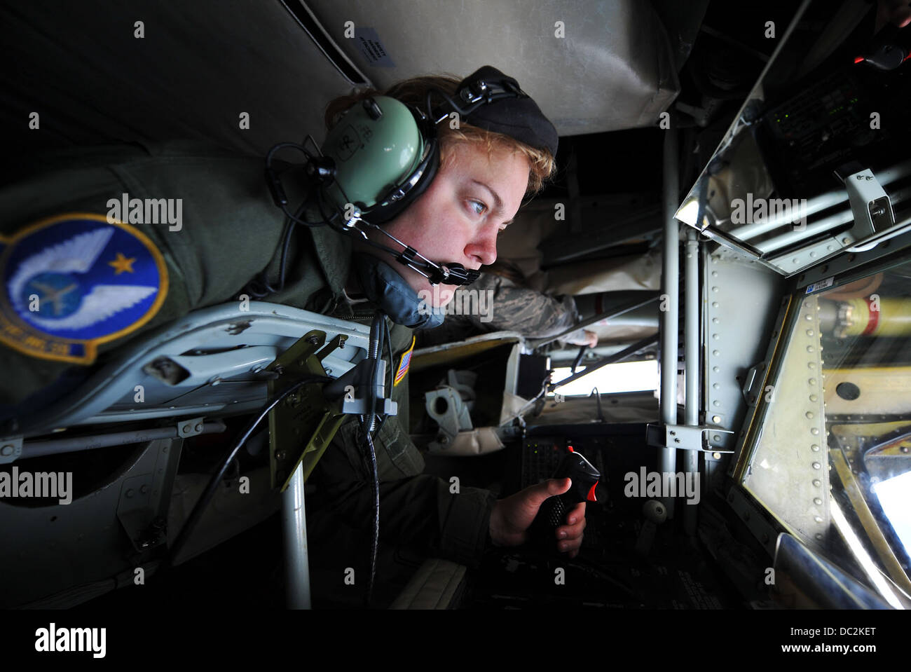 Senior Airman Sierra Dopfel, a refueling boom operator assigned to the