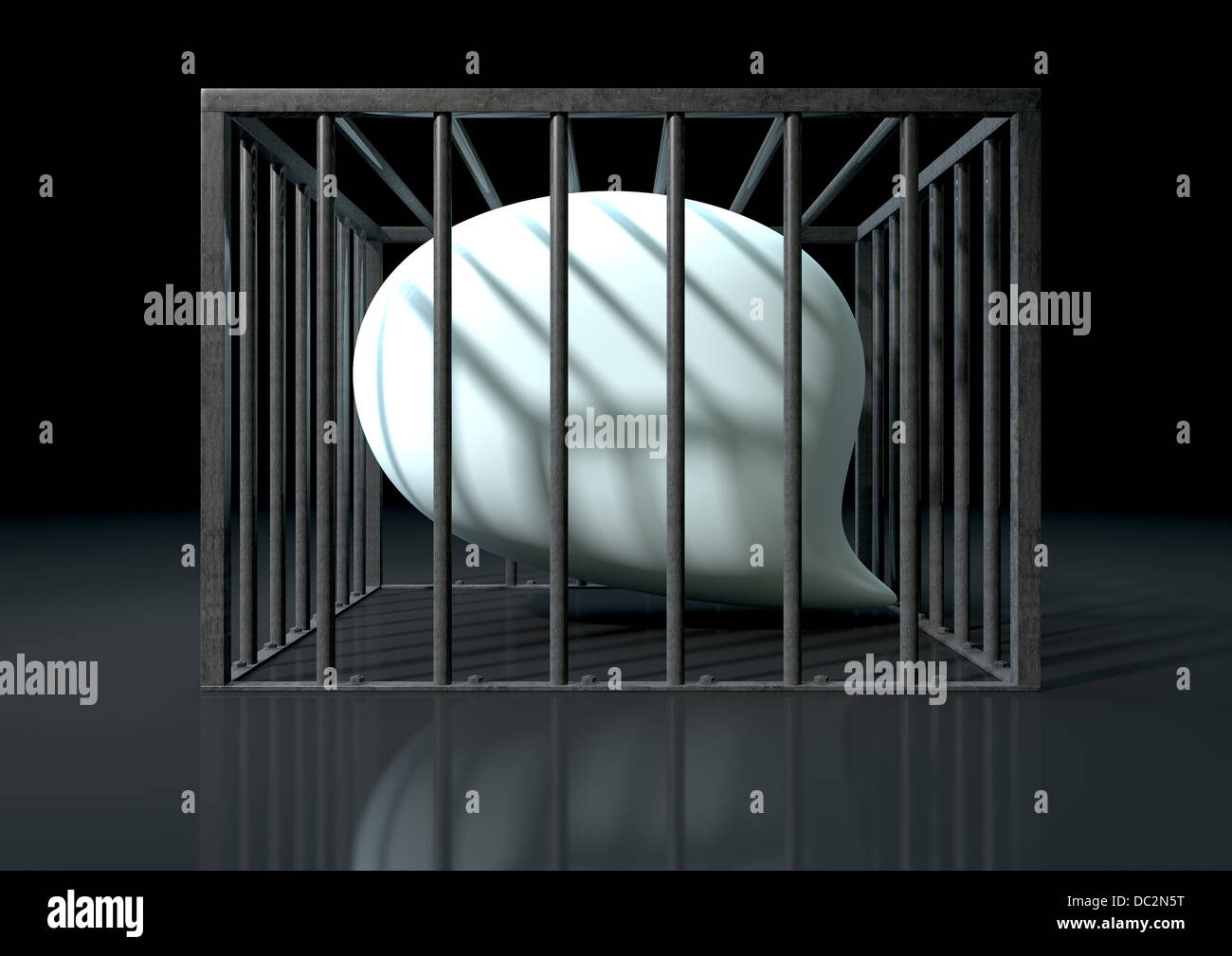 A regular white reflective speech bubble imprisoned in a square steel cage depicting censorship on an isolated dark background Stock Photo