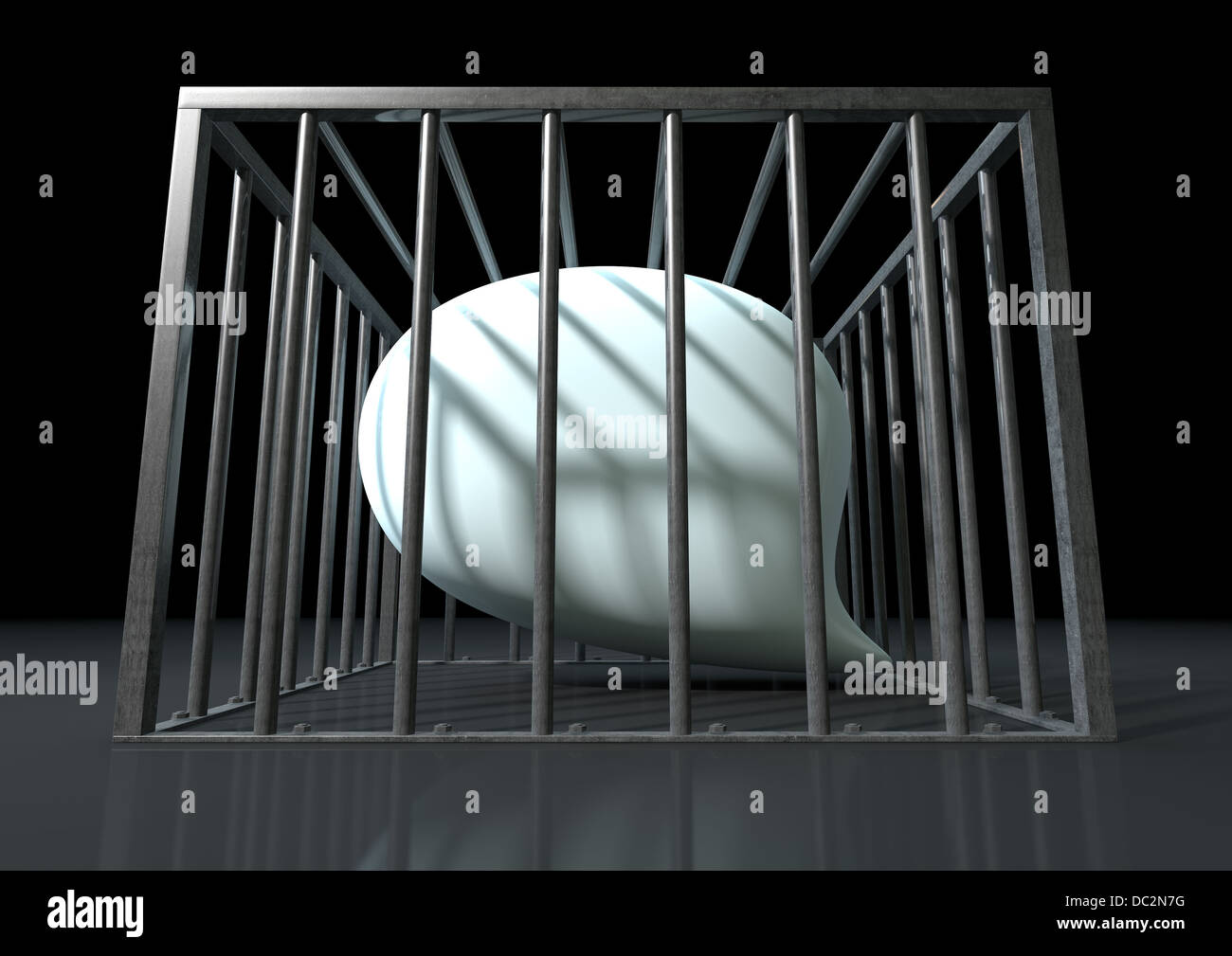 A regular white reflective speech bubble imprisoned in a square steel cage depicting censorship on an isolated dark background Stock Photo