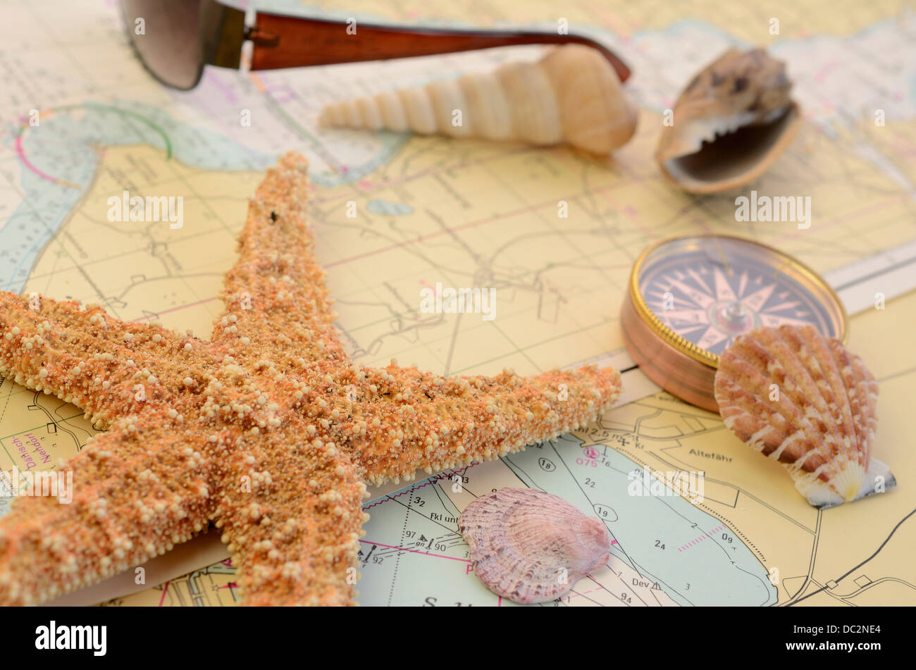 Travel concept image with starfish and sea cards Stock Photo