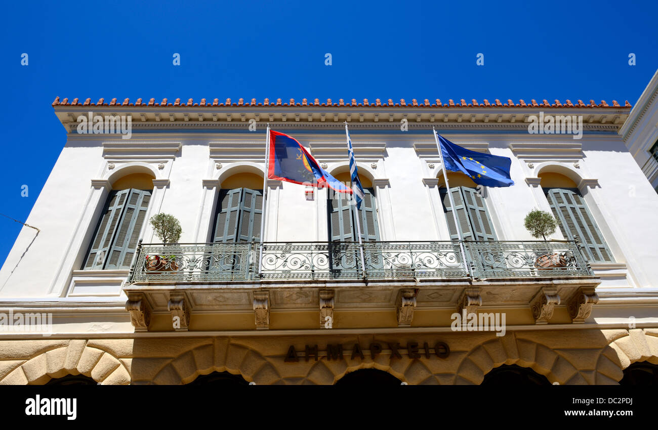 The building with flags of Greece, EU and Kalamata city, Peloponnes, Greece Stock Photo