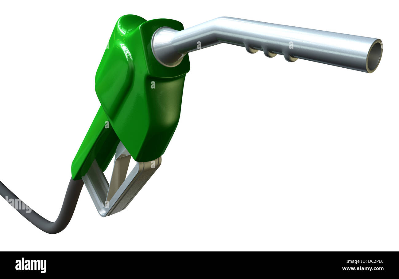 A regular green and metal fuel pump handle and nozzle on an isolated white background Stock