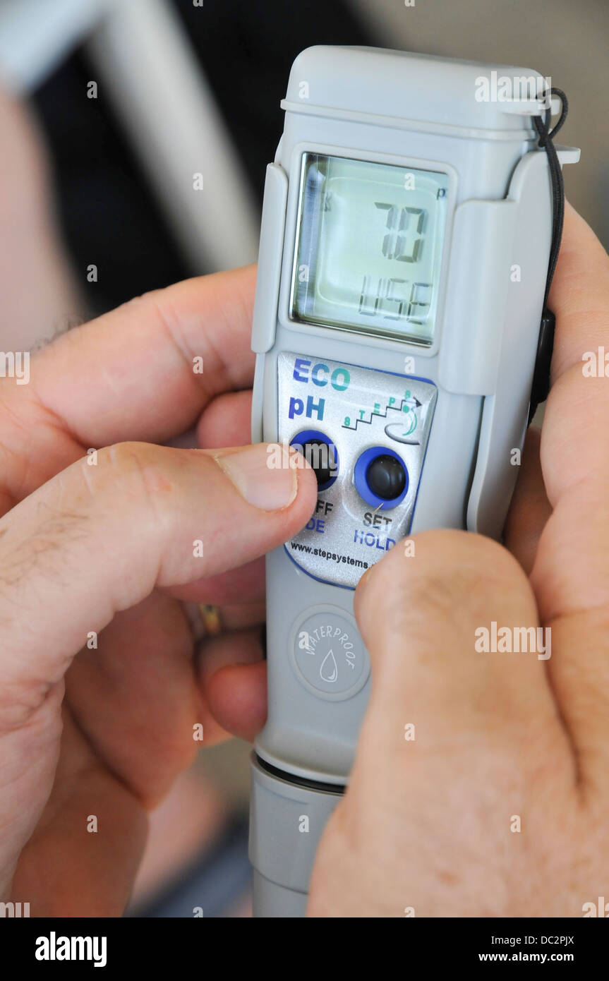 Neutral pH7 displayed on a digital pH measuring device (ECO pH pHPocketTester by Step Systems