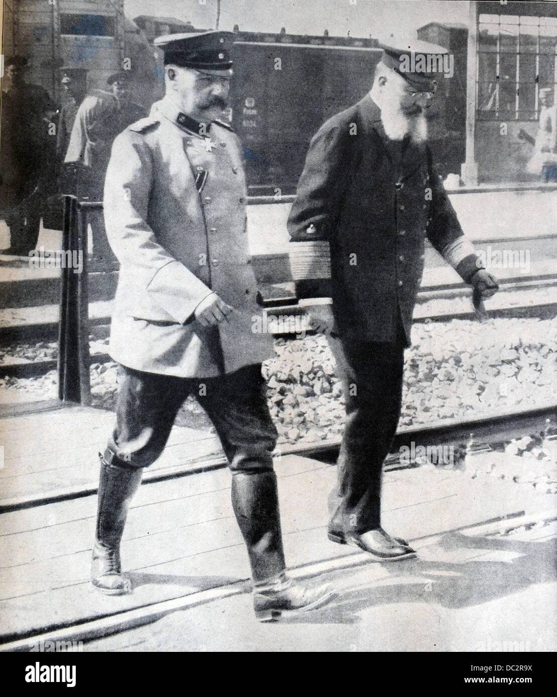 The image on the cover of the Berliner Illustrirte Zeitung (Berlin Illustrated Newspaper) published in 1915 shows Field Marshal Paul von Hindenburg and Admiral Alfred von Tirpitz. The original caption read: 'Admiral von Tirpitz visits Field Marshal von Hindenburg.' Photo: Berliner Verlag/Archiv Stock Photo