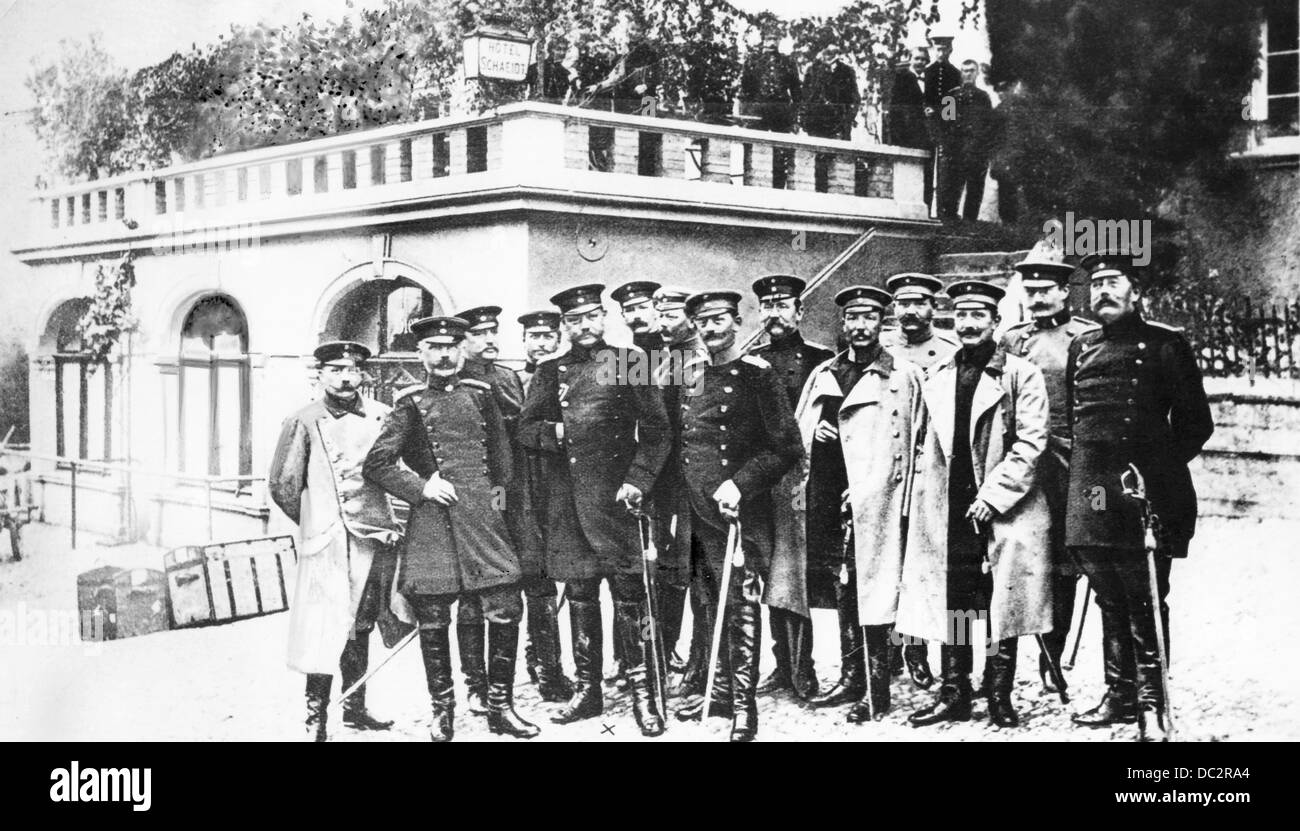Paul von Hindenburg (5-l, marked with an x) is pictured as division commander with his staff during a maneuver in 1898. Fotoarchiv für Zeitgeschichte Stock Photo