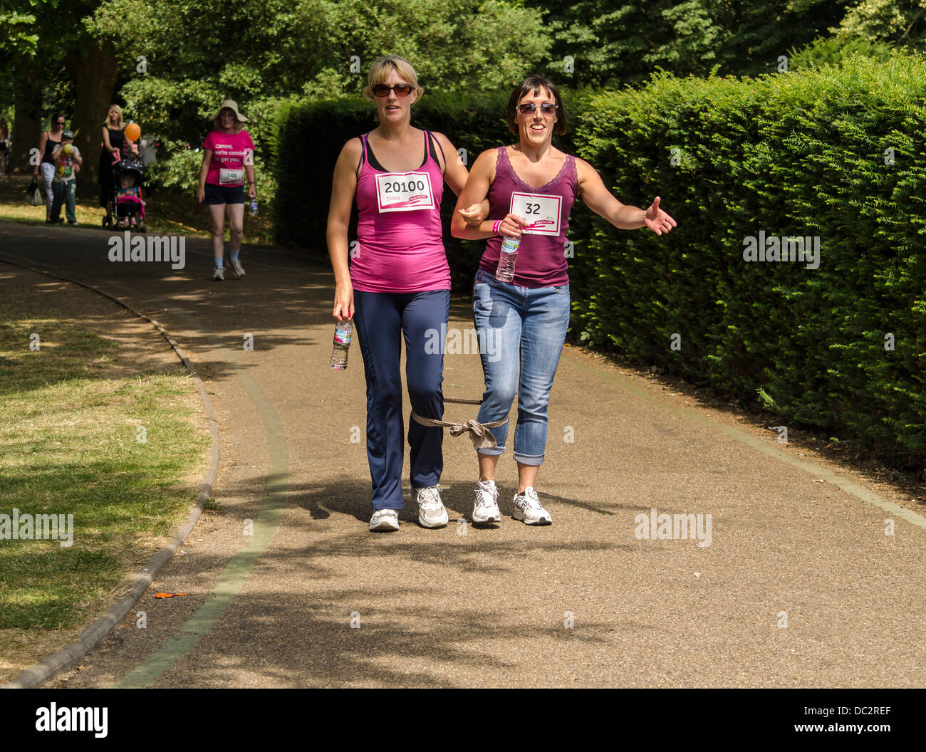 Doing a three leg race at a race for life UK Stock Photo