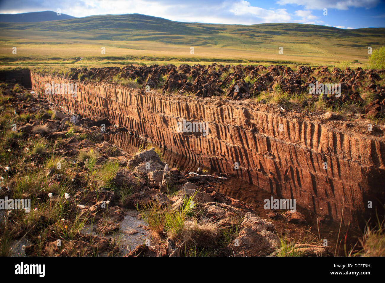 Peat bog in west Ireland, turf cut and lying in the sun to dry. Stock Photo