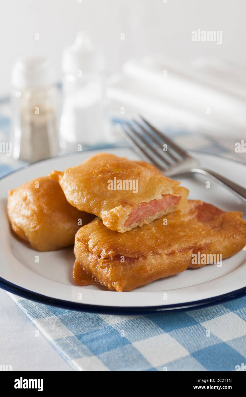 Spam fritters. Processed pork meat deep fried in batter. Stock Photo