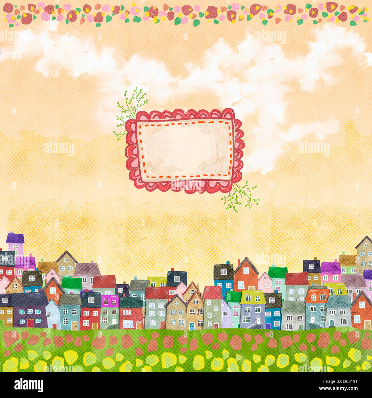 illustration of colourful town Stock Photo - Alamy