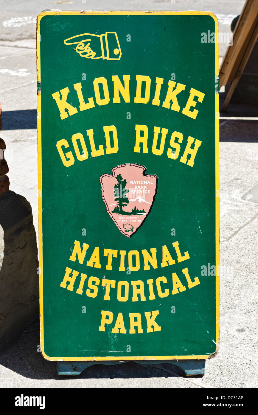 Sign outside the Klondike Gold Rush National Historical Park, Second Avenue South, Washington, USA Stock Photo