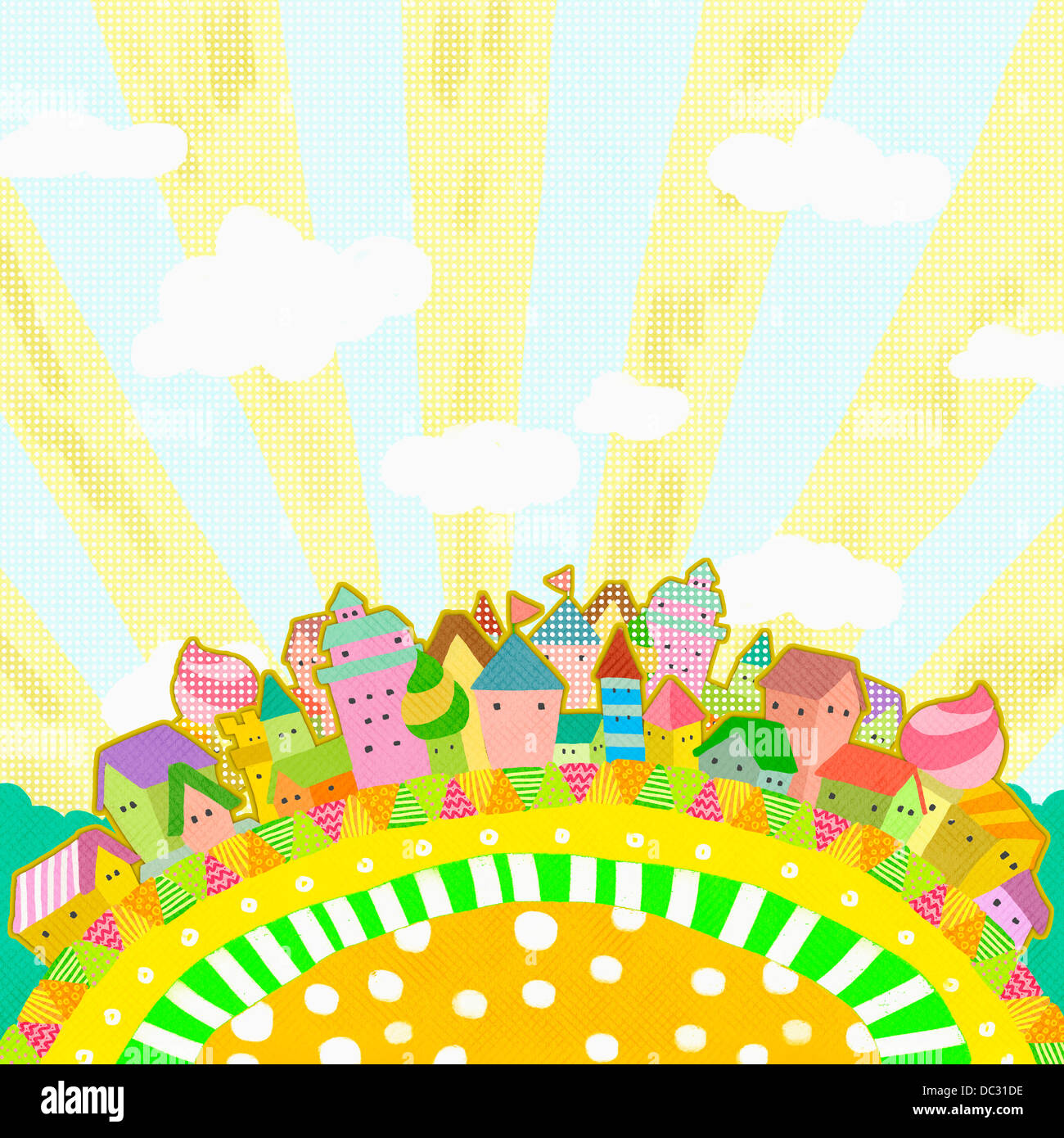 illustration of colourful town Stock Photo - Alamy