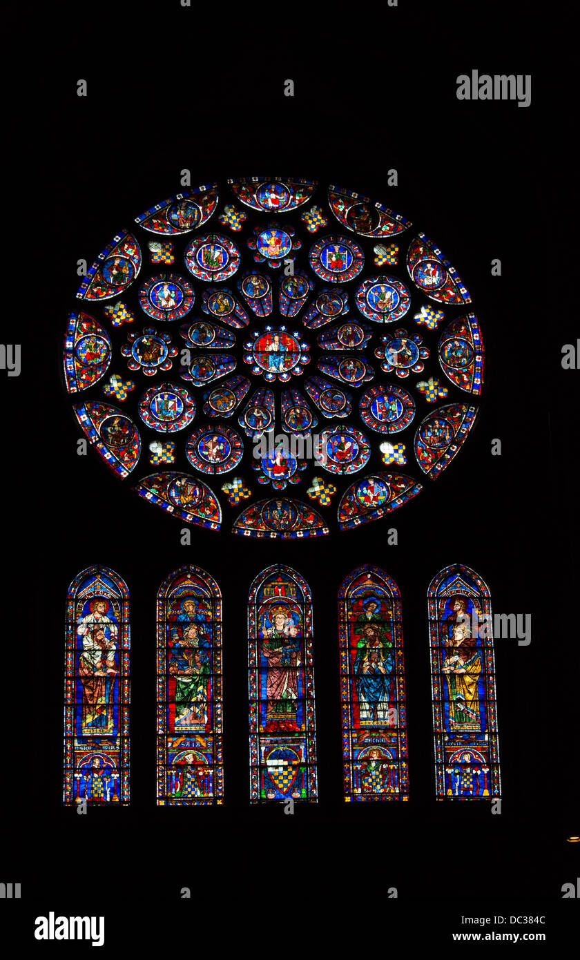 Stained glass window in the Gothic cathedral of Chartres, France Stock