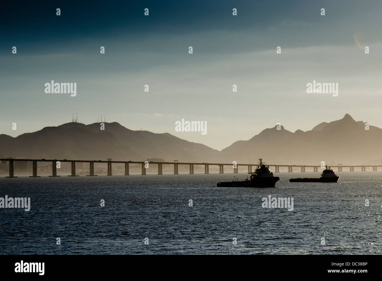 vessels anchored at Guanabara Bay, Rio de Janeiro, Brazil, close to Rio-Niteroy Bridge. Stock Photo