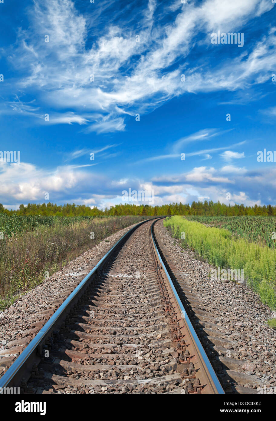 Railway perspective with green grass and blue cloudy sky Stock Photo