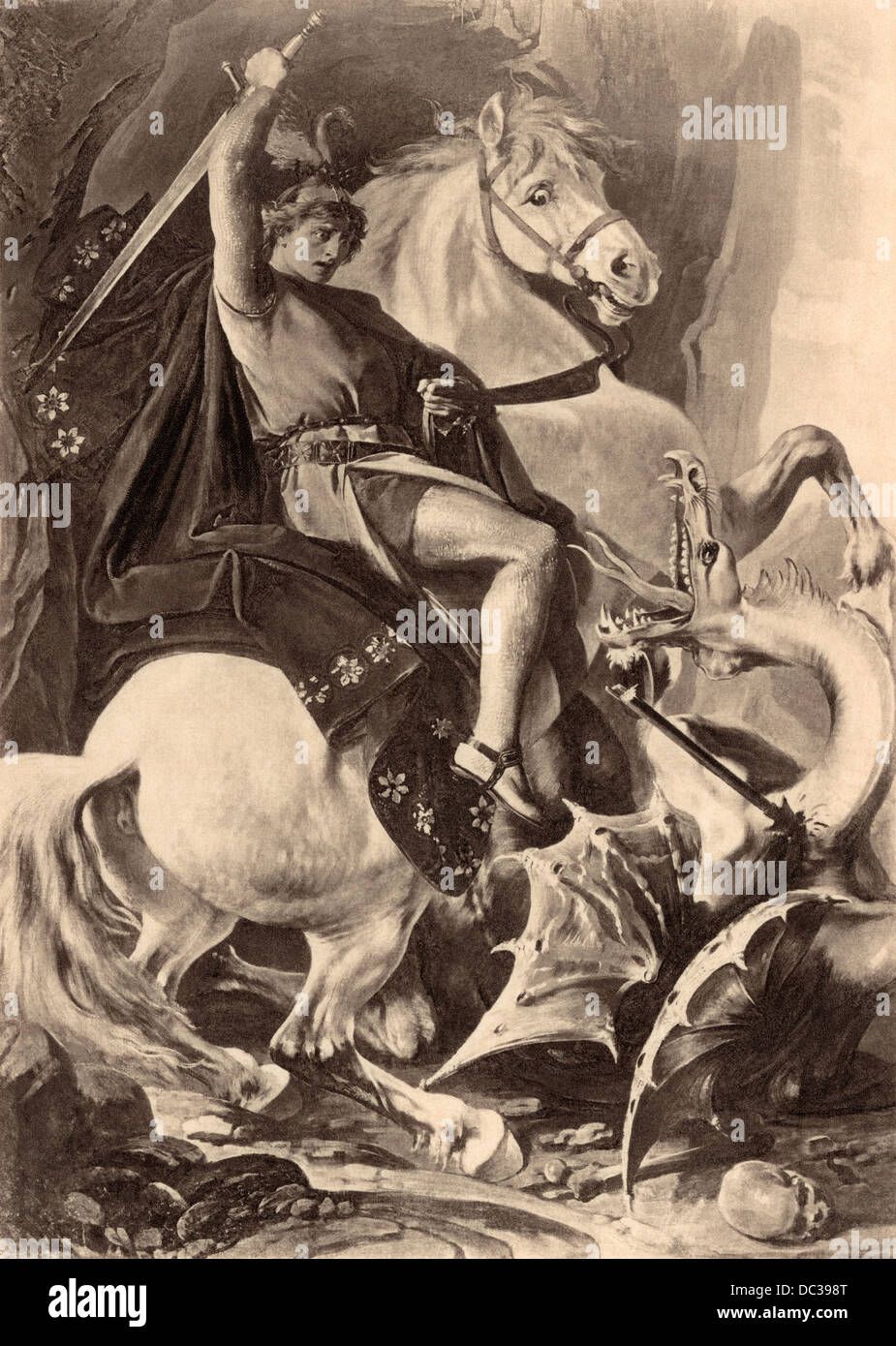 Saint George slaying the dragon. Photogravure reproduction of an illustration Stock Photo