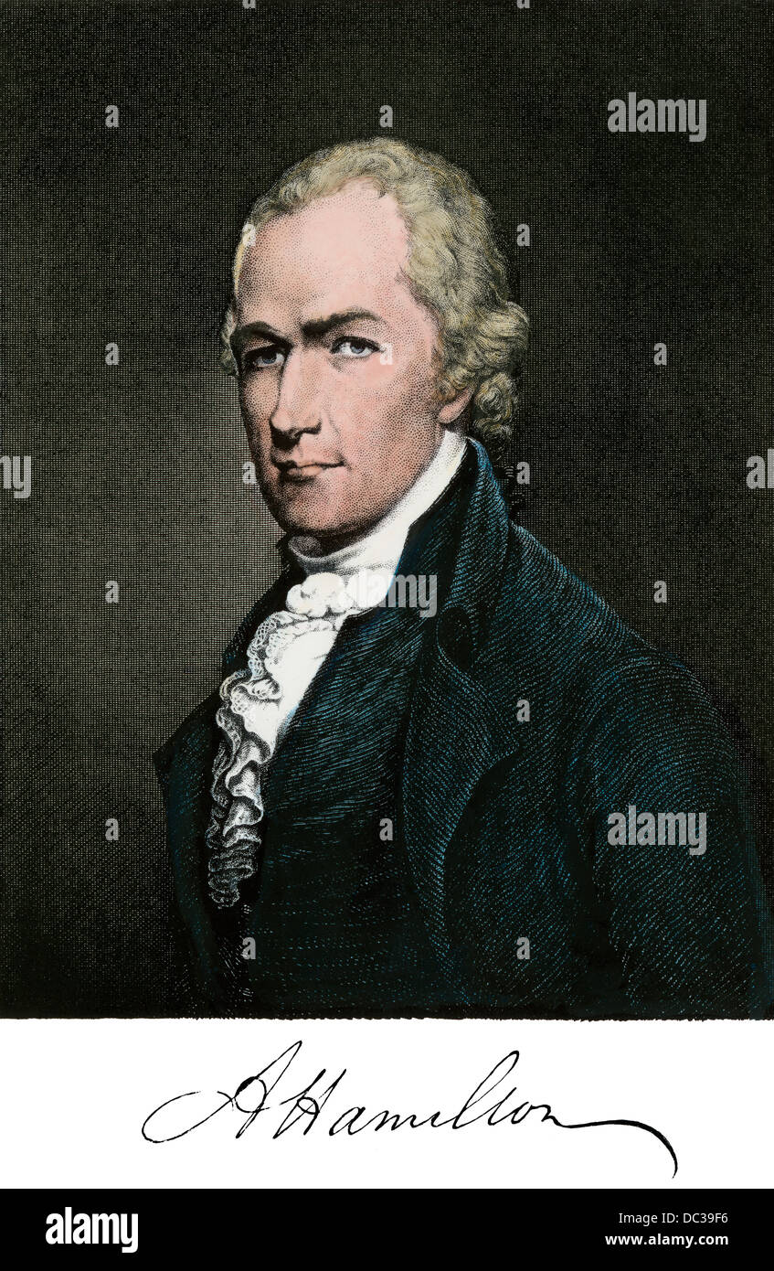 Alexander Hamilton, with autograph. Handcolored engraving Stock Photo