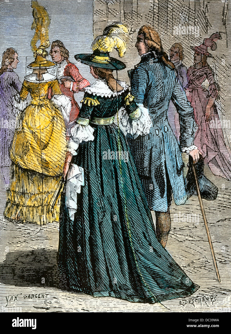 Lightning-rod hats, a Paris fashion inspired by Ben Franklin, 1778. Hand-colored woodcut Stock Photo