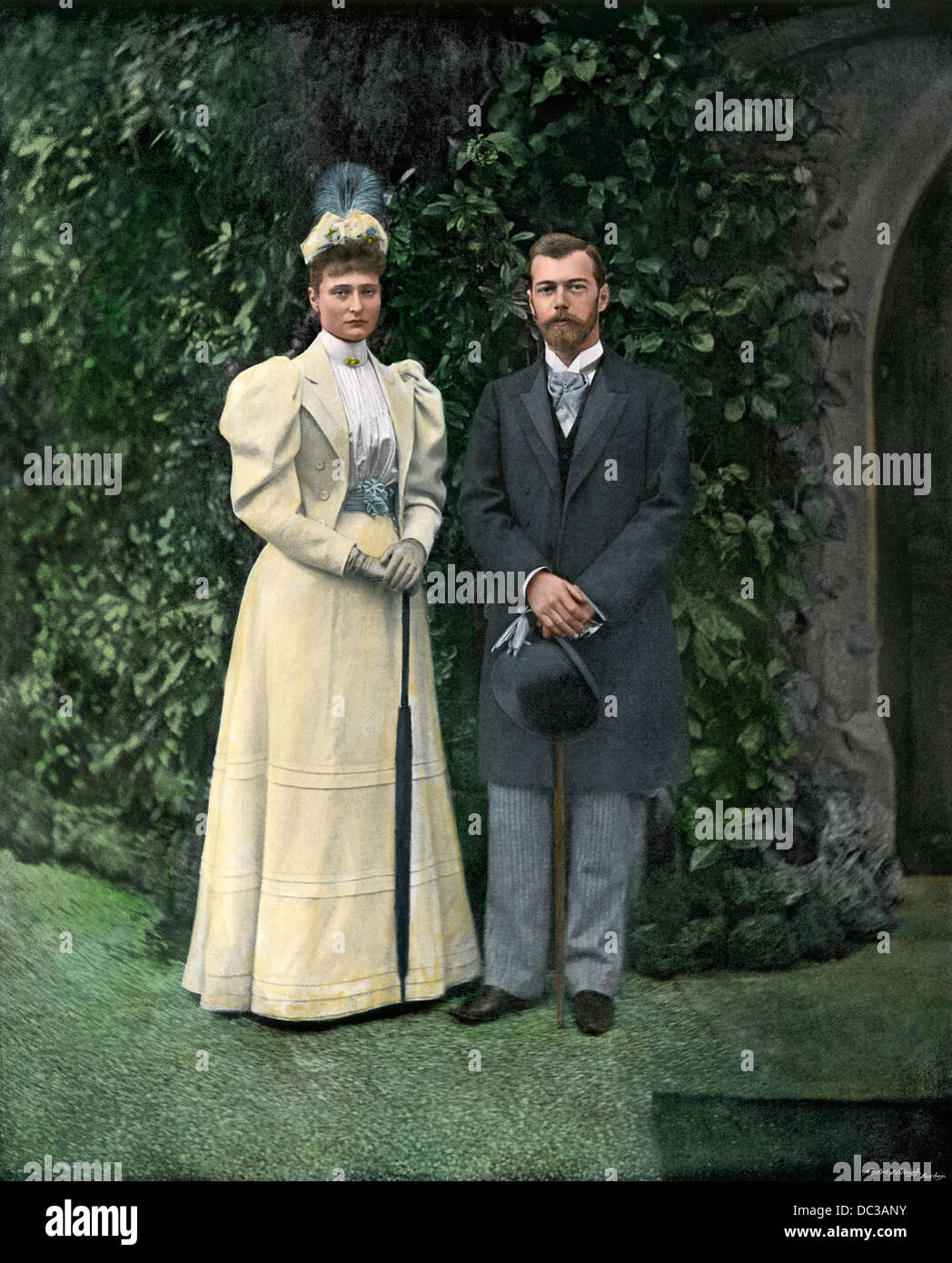Czarevitch Nicholas II and his wife Princess Alexandra on a visit to England, 1894. Hand-colored halftone reproduction of a photograph Stock Photo