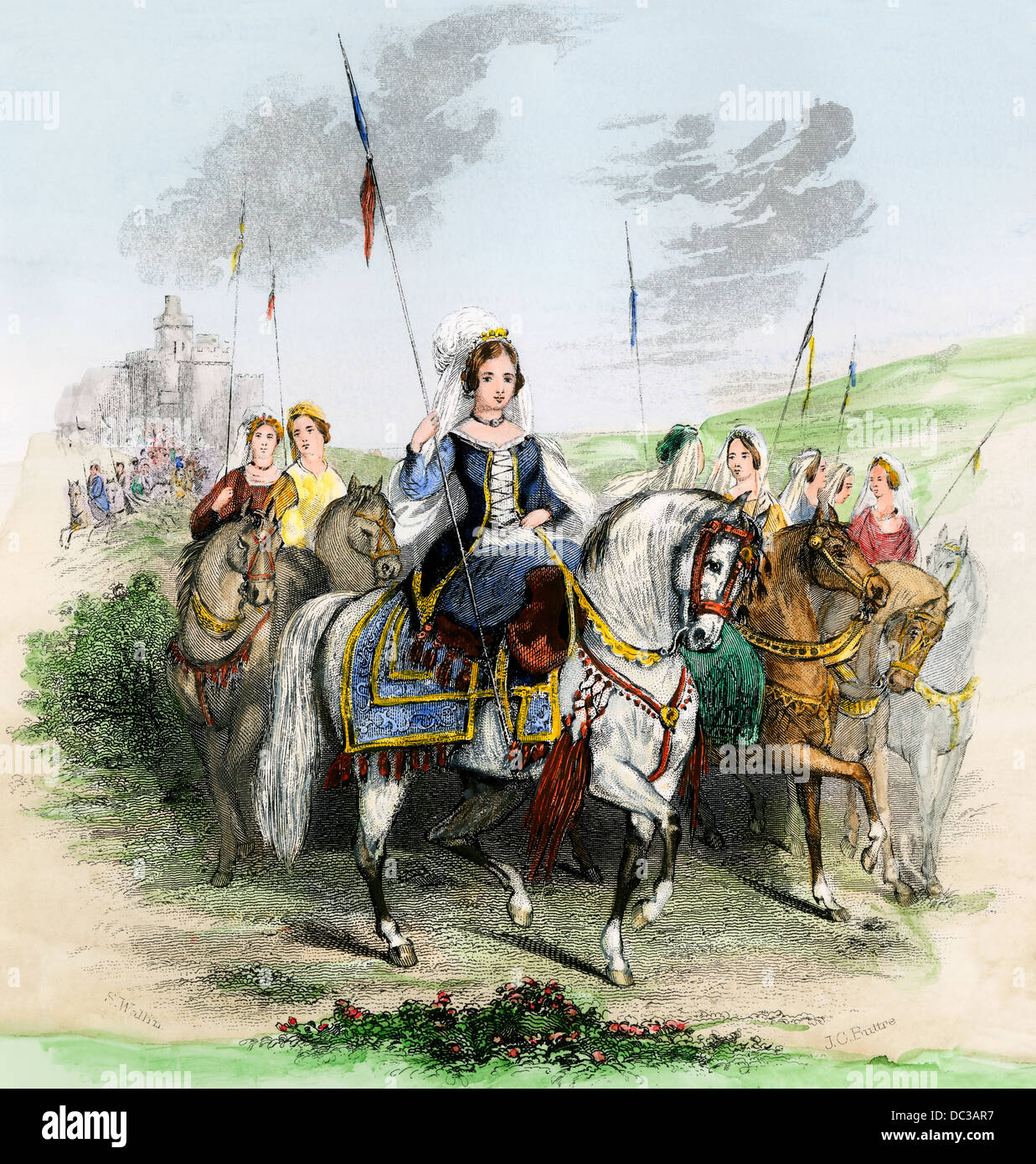 Eleanor of Aquitaine, queen of France and of England, 1100s. Hand-colored woodcut Stock Photo