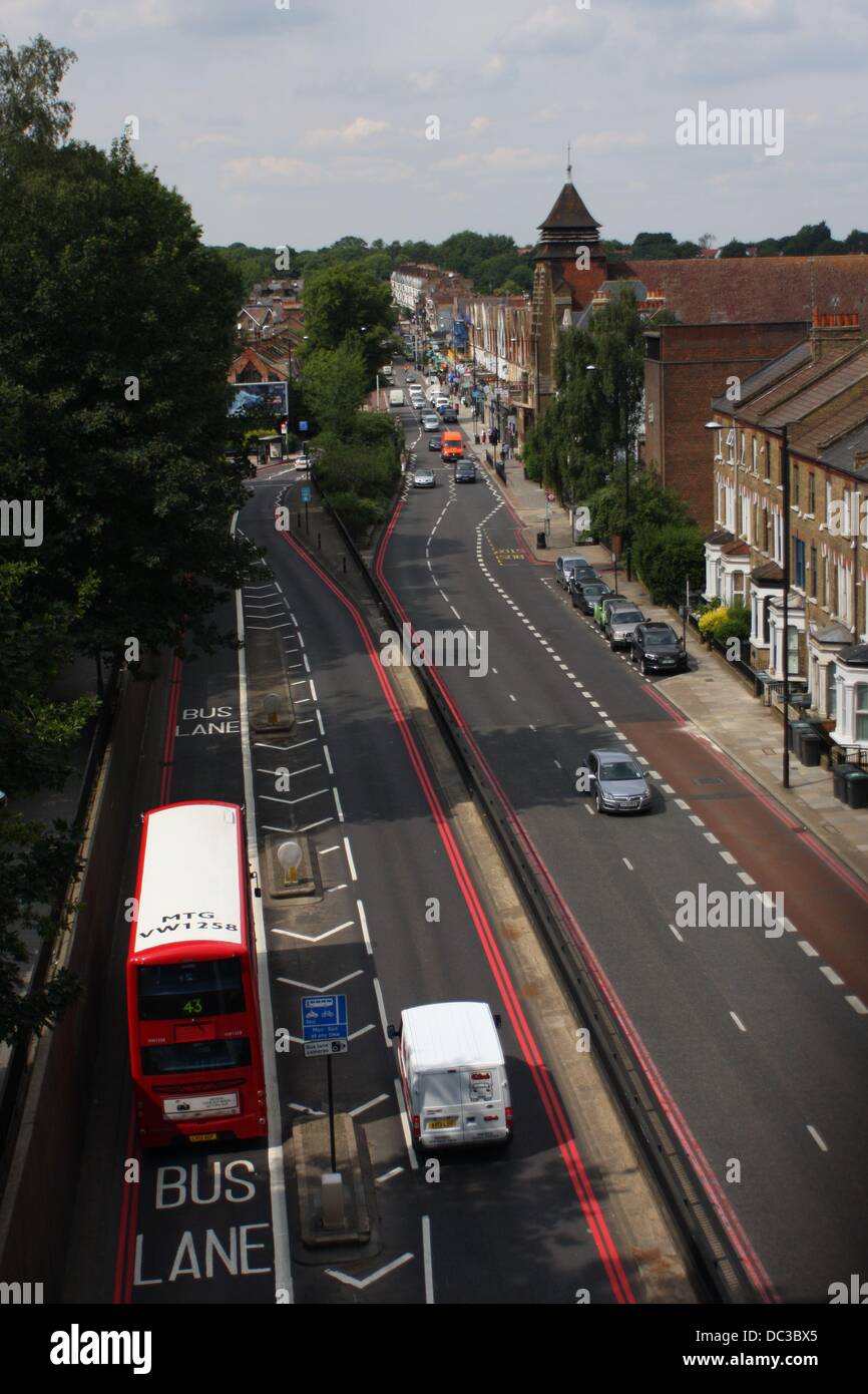 An overhead view of Archway Road, Highgate, London, showing traffic