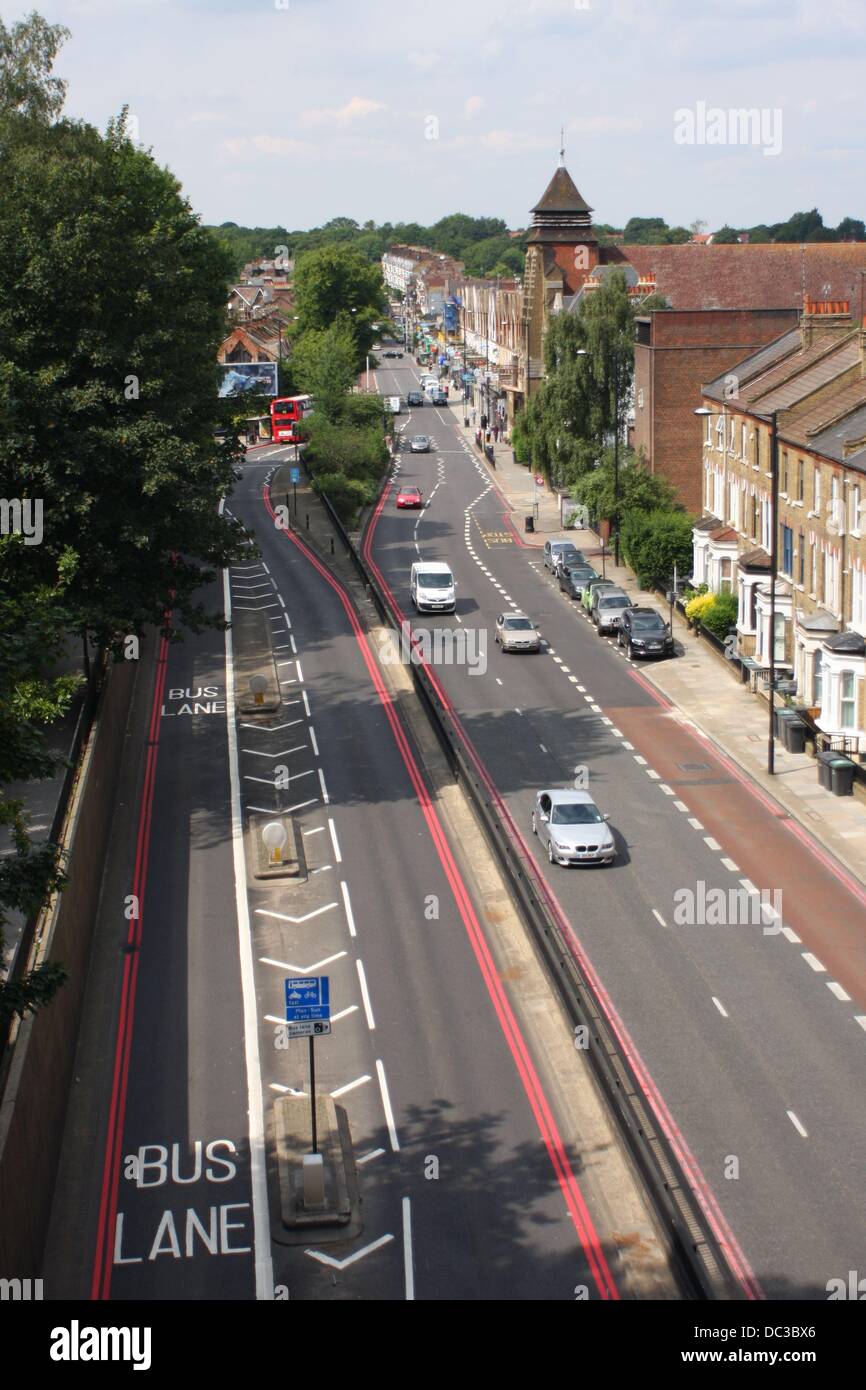 An overhead view of Archway Road, Highgate, London, showing traffic