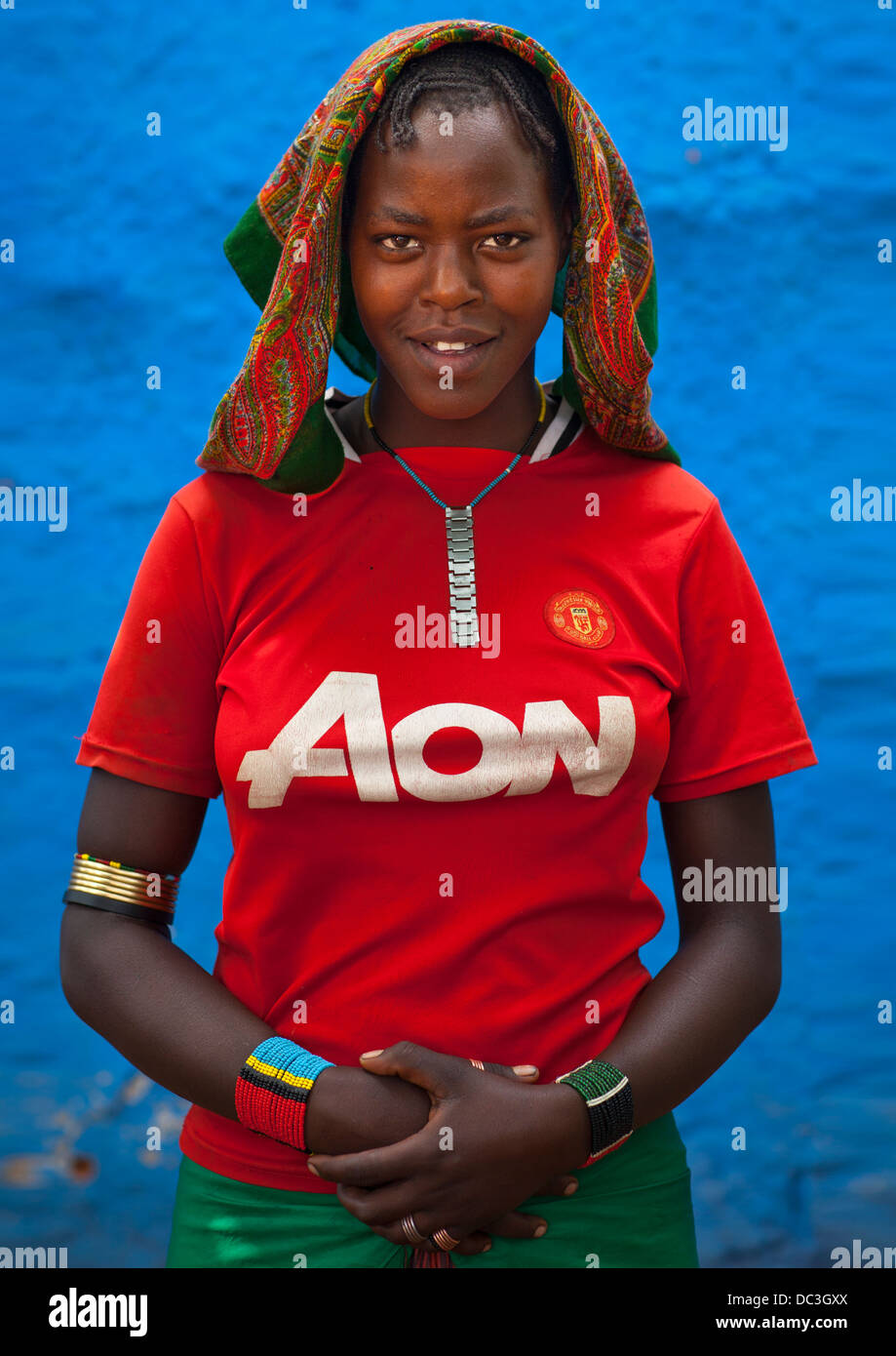 Hamer Tribe Man With A Manchester United Football Shirt, Turmi, Omo Valley, Ethiopia Stock Photo